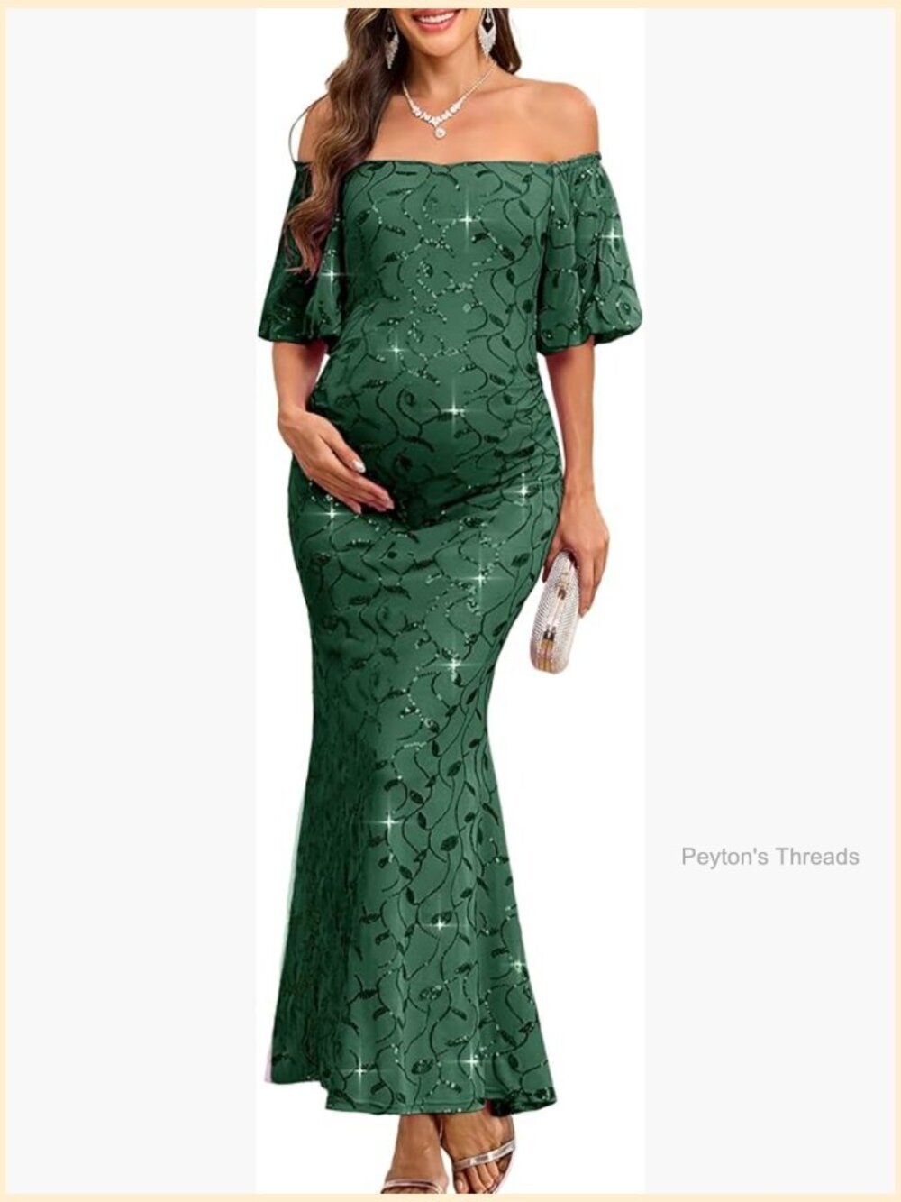 Off-Shoulder Sequin Maternity Evening Gown Puff Sleeves Formal Mermaid Maxi